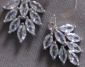 Crystal and Silver Leaf Shaped Sparkle Dangle Earrings