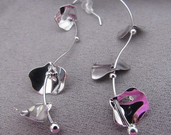 Long Silver Leaves on Vine Dangle Earrings