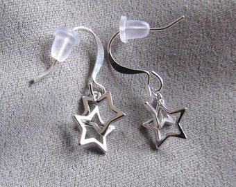 Silver Double Star Dangle Earrings