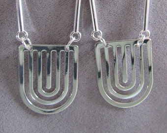 Long Silver Geometric Dangle Earrings