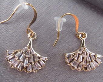 Crystal and Gold Fan Shaped Dangle Earrings