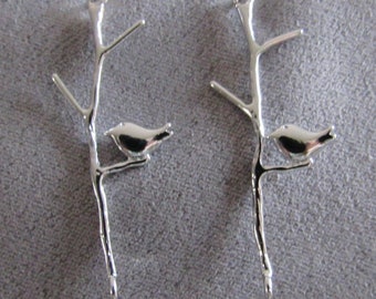 Delicate Silver or Gold Branch and Bird Earrings