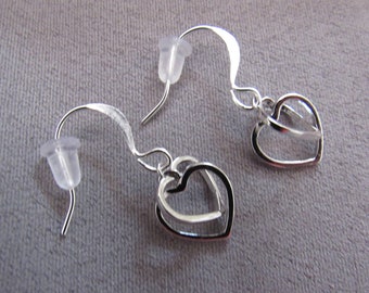 Silver Double Heart Dangle Earrings