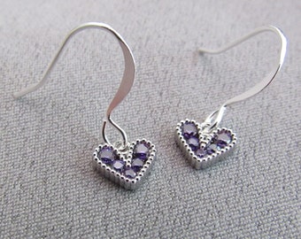 Amethyst Small Silver or Gold Heart Dangle Earrings