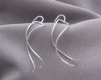 Unusual Silver Long Double Ribbon Earrings