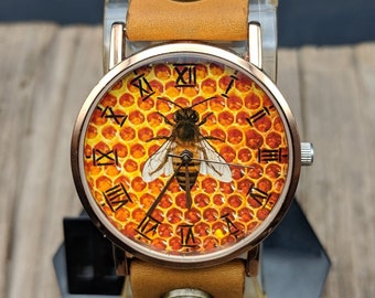 Honeycomb Bee Leather Watch Fashion Watch Women Watch Ladies Watch Unisex watch Fashion Accessory Leather Watch Gift Jewelry Watch Animal