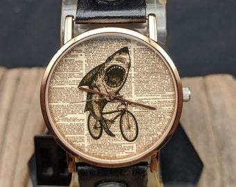 Shark Bike Dictionary Horloge Dameshorloge Herenhorloge Grappig horloge Polshorloge Vintage Horloges Reiscadeau Verjaardagscadeau Sieraden Horloge Leer