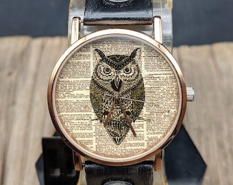 Owl Dictionary Watch Women Watch Men Watch Funny Watch Wristwatch Vintage Watches Travel Gift Birthday Gift Jewelry Watch Leather