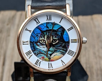 Cat Art Watch,Women Watch,Men Watch,Gift Watch,Wrist watch,Watches,Birthday Gift,Jewelry Watch,Leather Watch,Leather Gift,Cat,Gift Ideas