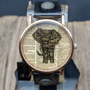 Elephant Dictionary Art Watch Women Watch Men Watch Funny Watch Wristwatch Vintage Watches Travel Gift Birthday Gift Jewelry Watch Leather