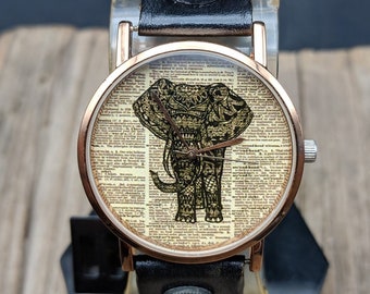 Elephant Dictionary Art Watch Women Watch Men Watch Funny Watch Wristwatch Vintage Watches Travel Gift Birthday Gift Jewelry Watch Leather