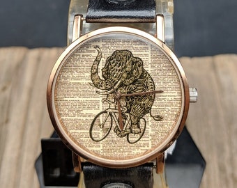 Elephant Bike Dictionary Watch Women Watch Men Watch Funny Watch Wristwatch Vintage Watches Travel Gift Birthday Gift Jewelry Watch Leather