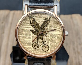Eagle Bike Dictionary Watch Women Watch Men Watch Funny Watch Wristwatch Vintage Watches Travel Gift Birthday Gift Jewelry Watch Leather