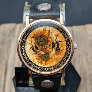 Sunflower Bee Watch,Women Watch,Ladies Watch,Funny Watch,Leather Watch,Jewelry Watch,Birthday Gift,Gift For Her,Watch Gift,Gift Idea,Watches
