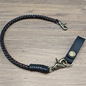 Cartera con cadena trenzada de dos tonos con trabilla para cinturón, billetera de cuero de vaca genuino vintage negra, cadena para billetera para hombre, billetera larga estilo motero, llavero, billetera con cadena