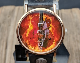 Rock Fire Gitarren Uhr Leder,Herren Uhr,Unisex Uhr,Geschenk Idee,Armbanduhr,Vintage Uhr,Leder Uhr,Geburtstagsgeschenk,Geschenk für Männer