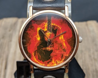 Classic Fire Guitar Watch Leather,Men Watch,Women Watch,Unisex Watch,Gift Idea,Wristwatch,Vintage Watches,Genuine Leather Watch,Birthday