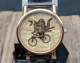 Reloj Dinosaur Love Bike Diccionario Reloj para mujer Reloj para hombre Reloj divertido Reloj de pulsera Relojes vintage Viajes Regalo de cumpleaños Joyería Reloj de cuero