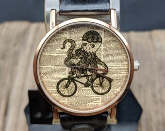 Octopus Love Bike Dictionary Watch Women Watch Men Watch Funny Watch Wristwatch Vintage Watches Travel Birthday Gift Jewelry Watch Leather