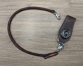 Skull Set Belt Loop Braided Chain Wallet Black Vintage Genuine Leather Wallet Chain for Men Biker Long wallet Key Chain Chain Wallet Harley