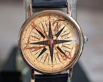 Compass Style Vintage Watch Leather,Ladies Watch,Men's Watch,Unisex Watch,Wristwatch,Women Watches,Genuine Leather Watch,Old Map Watch
