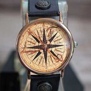 Compass Style Vintage Watch Leather,Ladies Watch,Men&#39;s Watch,Unisex Watch,Wristwatch,Women Watches,Genuine Leather Watch,Old Map Watch