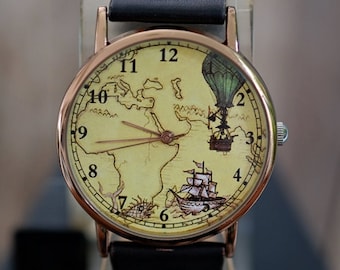 Adventure Map Funny Art Leather Watch,Ladies Watch,Men's Watch,Unisex Watch,Gift Idea,Wristwatch,Women Watches,Vintage,Genuine Leather Watch