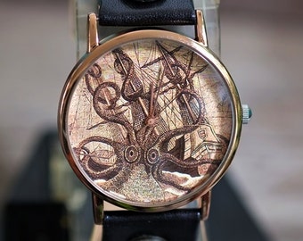 Oktopus Vintage Uhr Leder,DamenUhr,HerrenUhr,Unisex Uhr,Geschenkidee,Armbanduhr,Frauen Uhren,Vintage,Echtleder Uhr