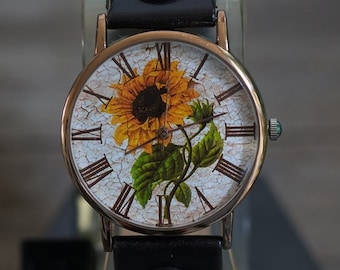 Sunflower Leather Watch,Ladies Watch,Men's Watch,Unisex Watch,Gift Idea,Wristwatch,Women Watches,Vintage,Genuine Leather Watch