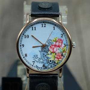 Floral Art Leather Watch,Ladies Watch,Men's Watch,Unisex Watch,Gift Idea,Wristwatch,Women Watches,Vintage,Genuine Leather Watch Vintage