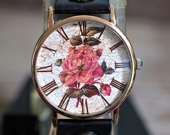 Rose Leather Watch,Ladies Watch,Men's Watch,Unisex Watch,Gift Idea,Wristwatch,Women Watches,Vintage,Genuine Leather Watch
