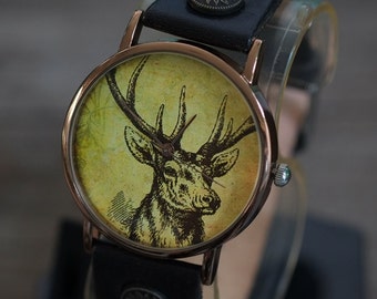 Deer Vintage Leather Watch,Ladies Watch,Men's Watch,Unisex Watch,Gift Idea,Wristwatch,Women Watches,Vintage,Genuine Leather Watch