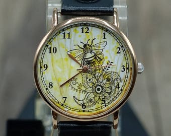 Bee Vintage Uhr,Damen Uhr,Herren Uhr,Unisex Uhr,Geschenkidee,Armbanduhr,Frauen Uhren,Vintage,echt Leder Uhr Vintage,Honey Bee