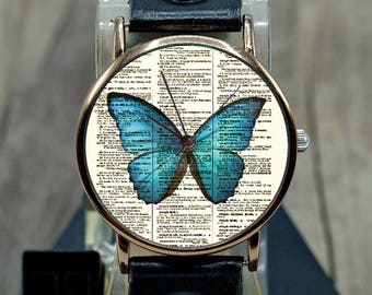 Butterfly Art Vintage Leather Watch,Ladies Watch,Men's Watch,Unisex Watch,Gift Idea,Wristwatch,Women Watches,Vintage,Genuine Leather