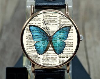 Reloj de pulsera vintage de cuero con diseño de mariposa, reloj de mujer, reloj de hombre, reloj unisex, idea de regalo, reloj de pulsera, relojes de mujer, vintage, cuero genuino.