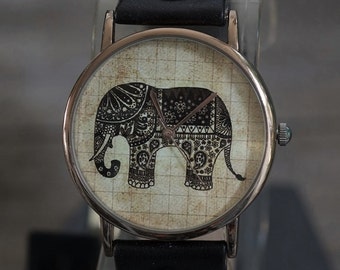 Elefant Kunst LederUhr,DamenUhr,HerrenUhr,Unisex Uhr,Geschenkidee,Armbanduhr,Frauen Uhren,Vintage,Echtleder Uhr