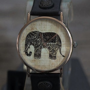 Elephant Art Leather Watch,Ladies Watch,Men&#39;s Watch,Unisex Watch,Gift Idea,Wristwatch,Women Watches,Vintage,Genuine Leather Watch