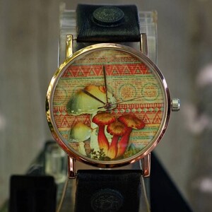 Mushroom Art Watch,Ladies Watch,Men's Watch,Unisex Watch,Gift Idea,Wristwatch,Women Watches,Vintage,Genuine Leather Watch Vintage,Fashion