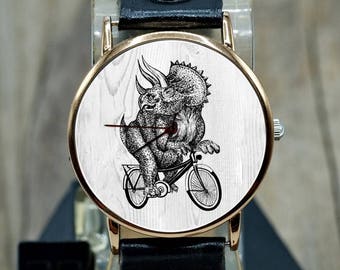 Reloj de piel con forma de fósil de dinosaurio, reloj de mujer, reloj de gato, unisex, reloj de pulsera, relojes de mujer, reloj unisex, reloj, regalo para mujer, Triceratops