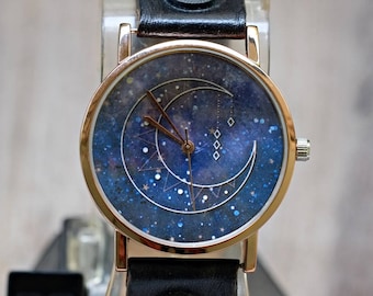Reloj de pulsera con fases lunares y galaxia, reloj de mujer, reloj de hombre, reloj unisex, idea de regalo, reloj de pulsera, relojes de mujer, vintage, reloj de cuero genuino