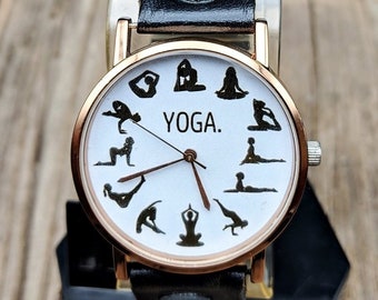 Yoga Poses Watch Leather Ladies Watch Women Watch Unisex Watch Gift Wristwatch Black Genuine Leather Watch Women Watches Watch Gift Funny