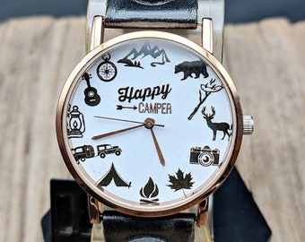 Happy Camper Watch Leather Men Watch Women Watch Unisex Watch Gift Wristwatch Black Genuine Leather Watch Women Watches Funny Watch Gift