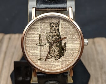 Chat amour bière dictionnaire montre femme montre homme montre drôle montre montre-bracelet montres vintage voyage cadeau anniversaire cadeau bijoux montre en cuir