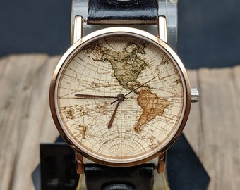 Reloj de cuero con diseño de mapa antiguo, reloj de mujer, reloj de hombre, reloj unisex, reloj de pulsera, relojes vintage, regalo de viaje, cumpleaños, reloj de joyería, reloj de cuero