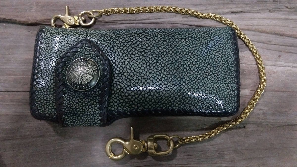 Portafoglio in ottone con gancio per cintura, in vera pelle, con catena in ottone intrecciata, portachiavi da motociclista, camionista, fatto a mano, con chiave pesante, portafogli in jeans - Italia