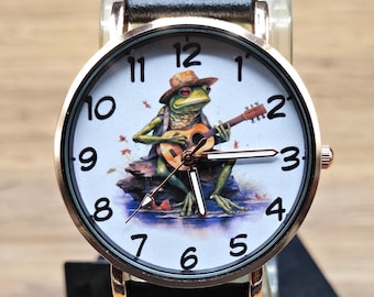 Lustiger Frosch, der Gitarre spielt Klassik, Armbanduhr aus Leder, Unisex, Herrenuhr, Armbanduhr, Damenuhren, Gitarre, Geschenk