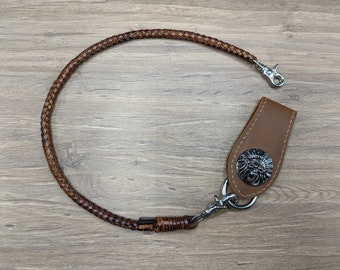 Skull Set Belt Loop Braided Chain Wallet Black Vintage Genuine Leather Wallet Chain for Men Biker Long wallet Key Chain Chain Wallet