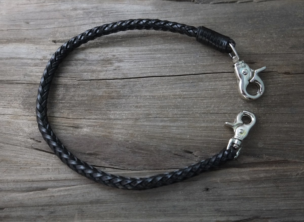 Braided Chain Wallet Black Vintage Genuine Cowhide Leather
