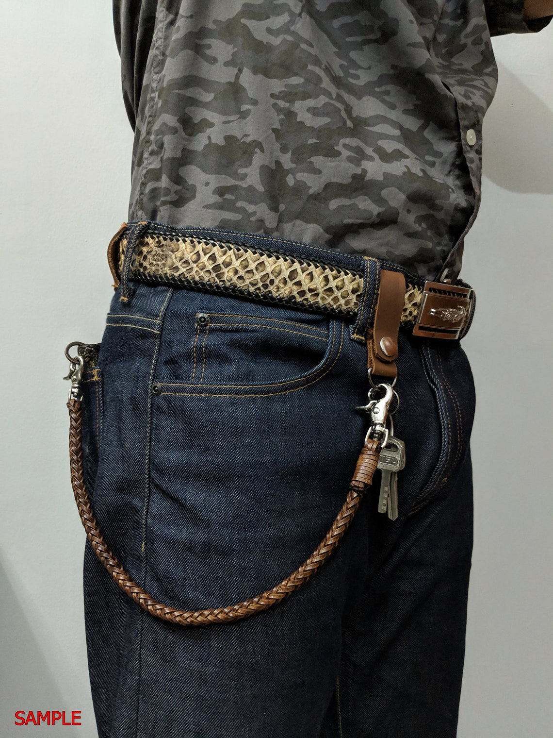 Set Belt Loop Braided Chain Wallet Tan Vintage Genuine Cowhide Etsy