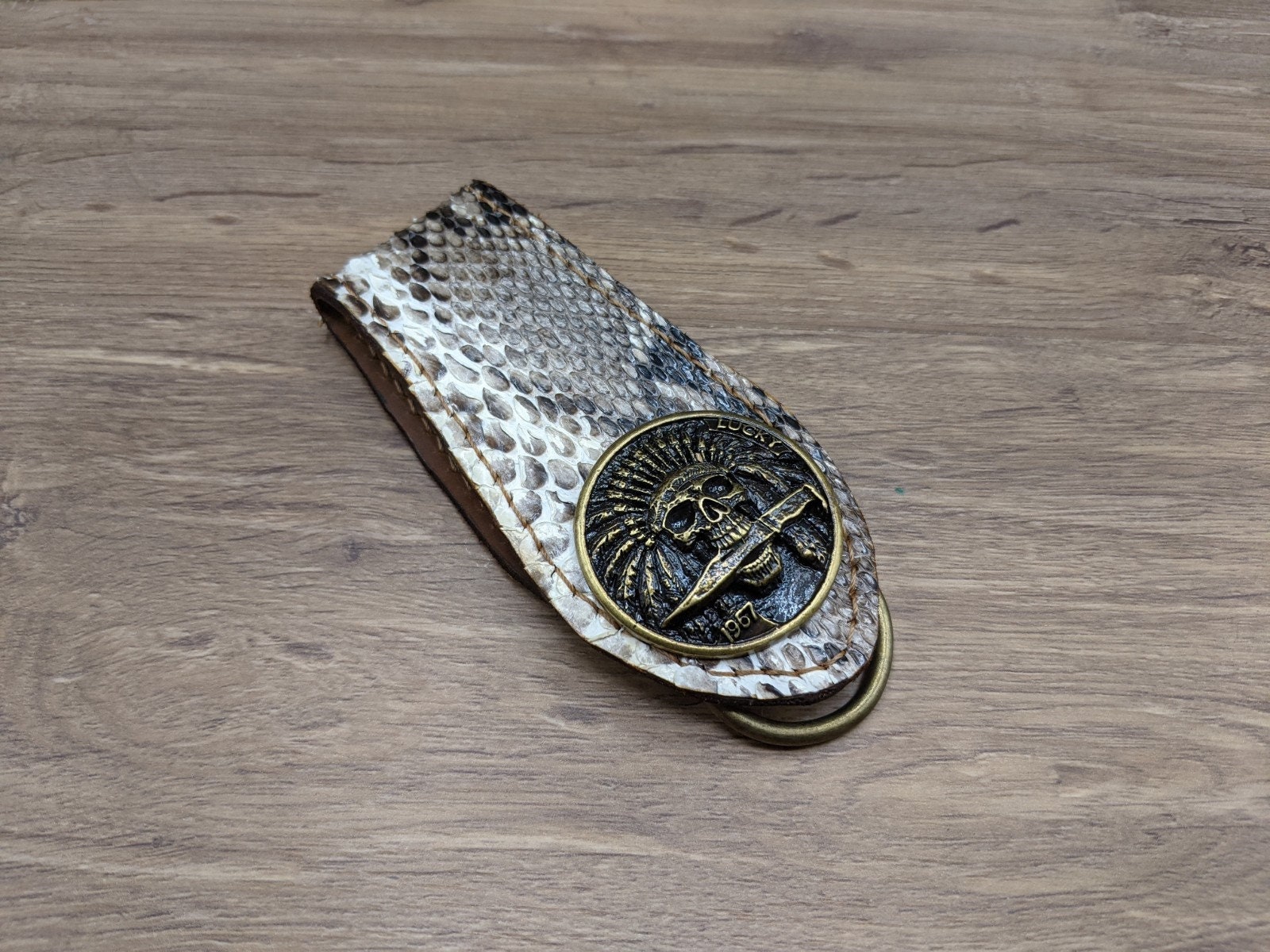 Python Skin Concho Skull Belt Loop Key Chain Skull Cowhide Leather Wallet Chain for Mens Biker Long wallet Wallet Gift Snap Key Chain Harley